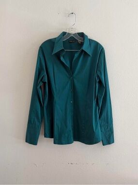 New York & Company Teal Stretch Button-Up